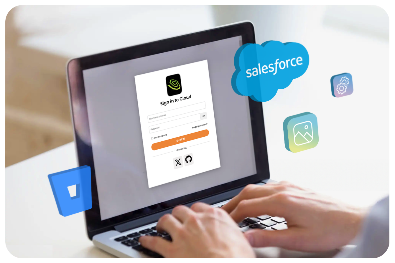 Hands typing on laptop with SpaceMade Cloud login page with separate pictures of Salesforce and Bitbucket logos, next to icons of a gear and an image